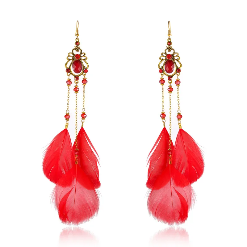 Neue Böhmische Kristall Kupfer Kette Feder Lange Tropfen Ohrringe für Frauen Retro Gypsy Ethnische Temperament Gold Farbe Schmuck Geschenk – Detail 5