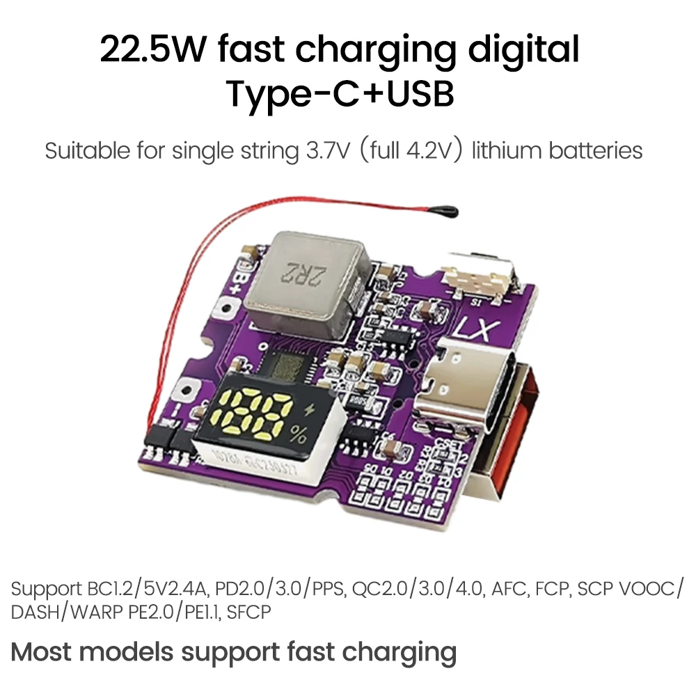 22.5W Type-C USB Power Bank Bidirectional Fast Charging Mobile Power Module Circuit Board With Digital/Light Suppor PD/QC3.0 2.0