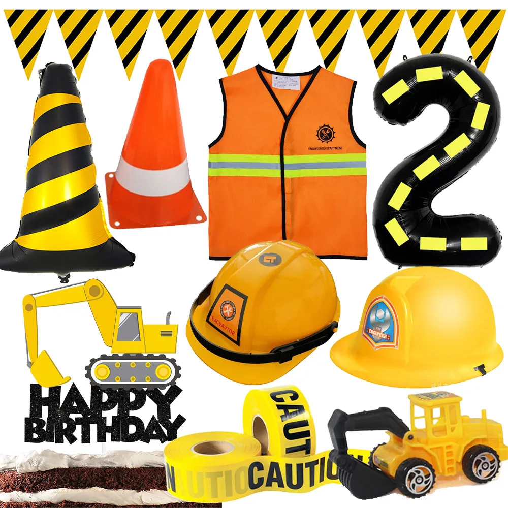 Construction Party Banner Cake Topper Balloon Cone Hat Vest Engineering Vehicle Kids Birthday Baby Shower Decor Supplies