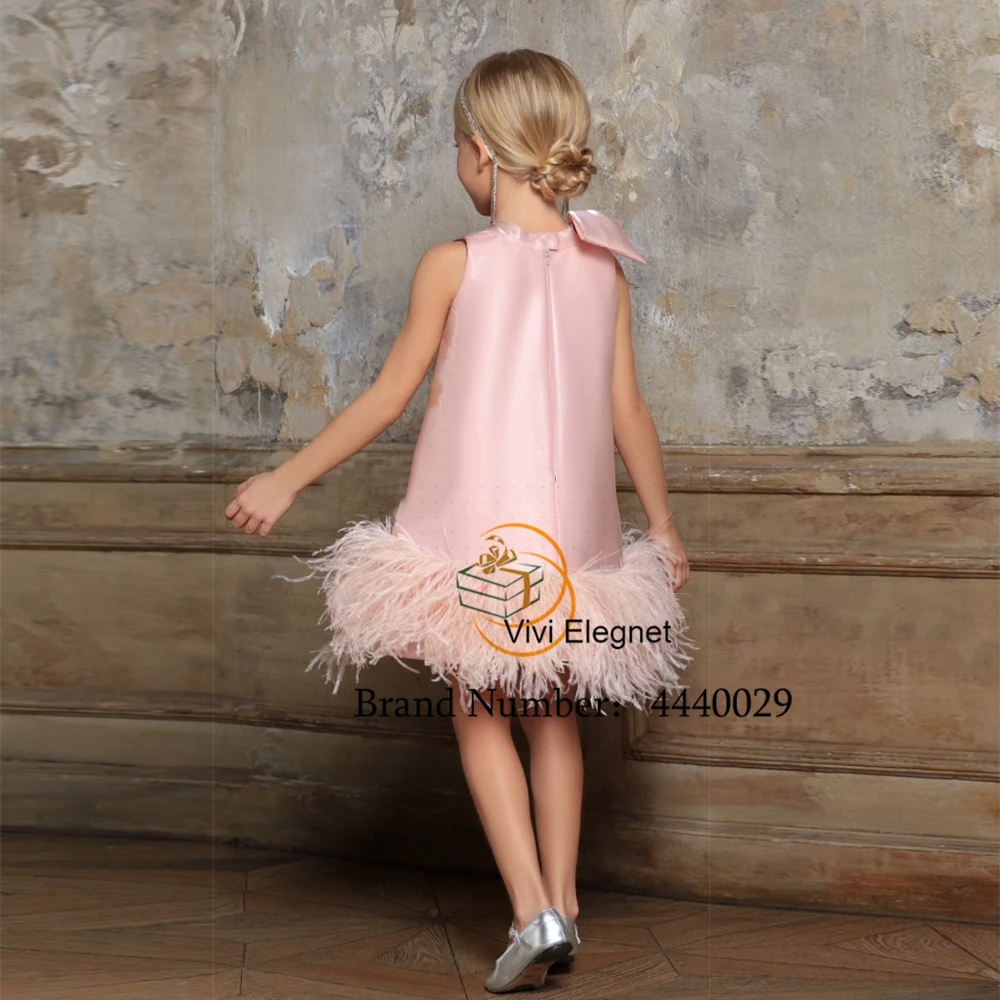 Pink Feather Flower Girl Dresses for Girls 2023 Summer New Sleeveless Christmas Gown with Bow Elegant فساتين للحفلات الراقصة