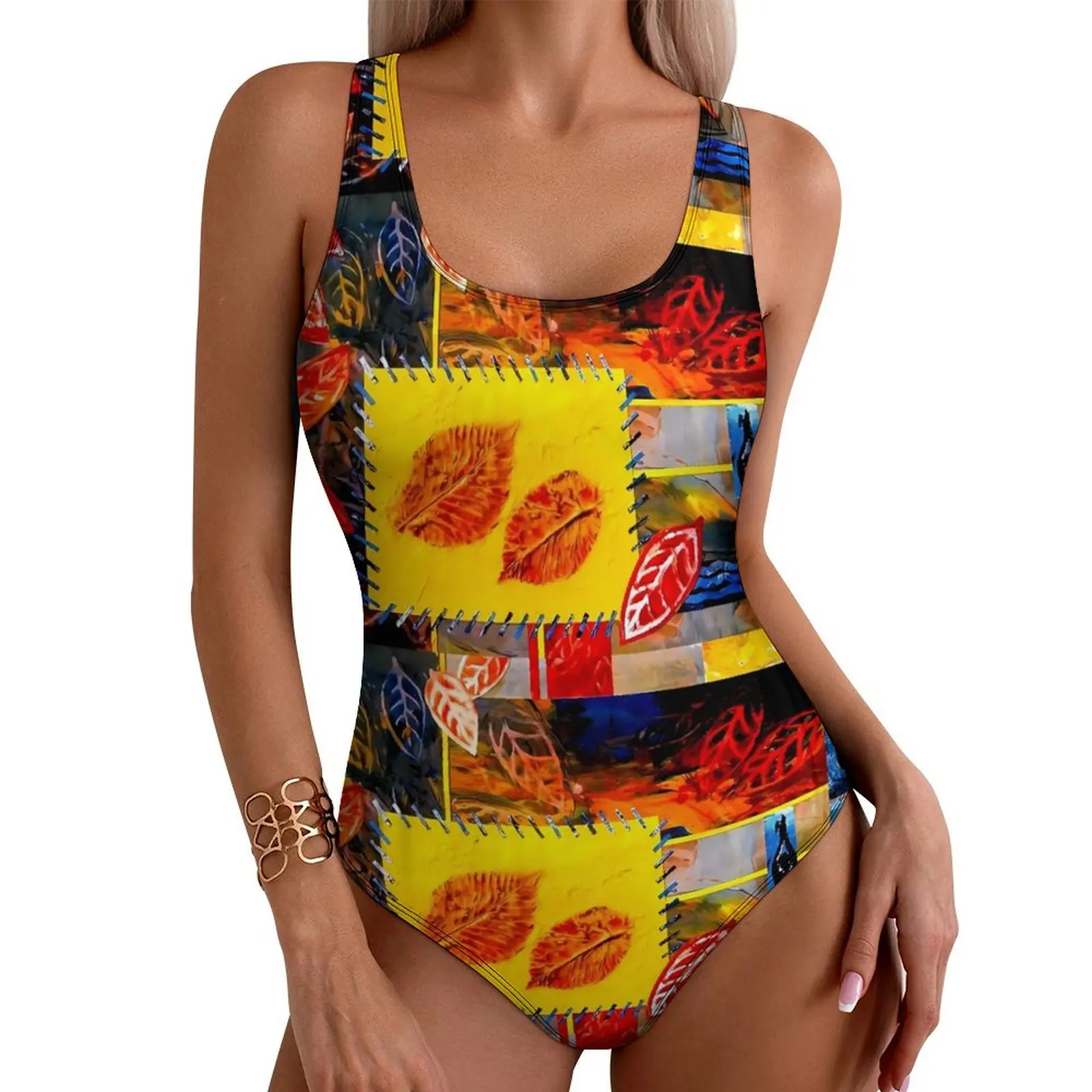 Patchwork Print Swimsuit Red Leaves Push Up Swimwear One Piece Surfing Bathing Suits Bodysuit Sexy Design Beach Wear Large Size