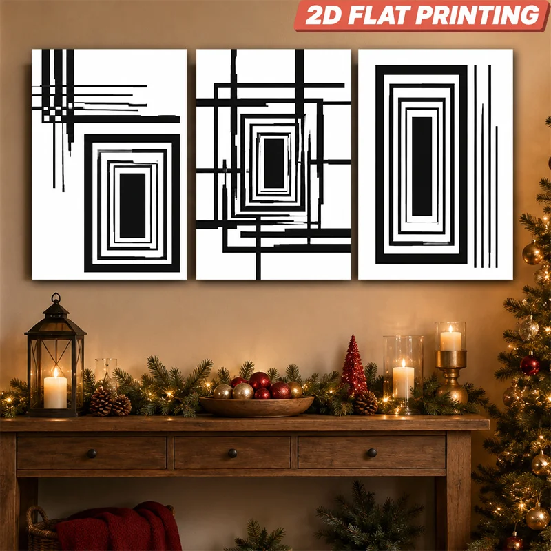 2D Flat, 2D Flat, 2D Flat 3pcs Unframed Painting Wall Art Geometric Line And Rectangular Frame Composition with Intersecting