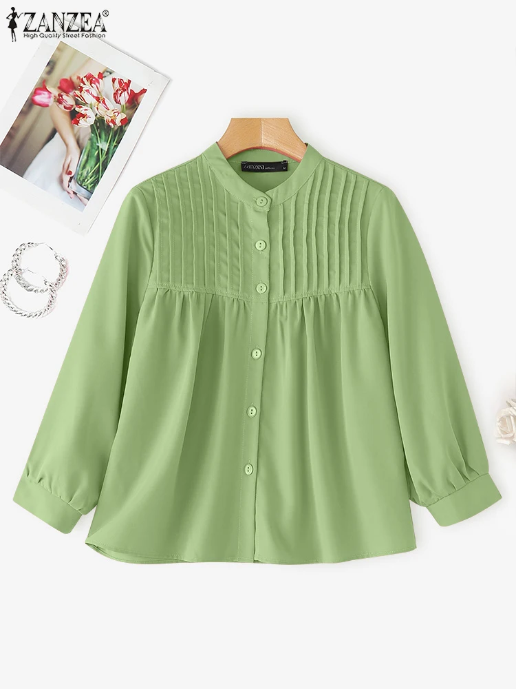 

ZANZEA Vintage Blusas Women Shirts Solid Pleated Tops Autumn Long Sleeve O Neck Tunics 2025 Buttons Casual Loose Cardigans