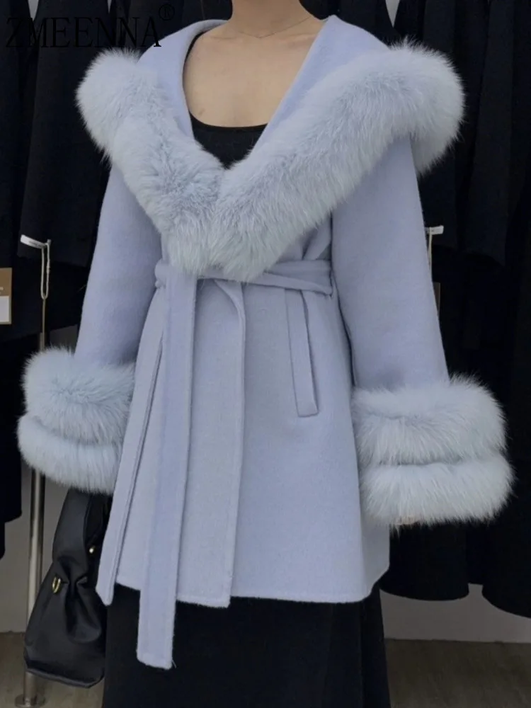 

ZMEENNA Womens Light Blue Wool Blend Short Coat Hooded Fur Collar Cuff Belted Waist Warm Winter Outerwear Jacket ZM4607