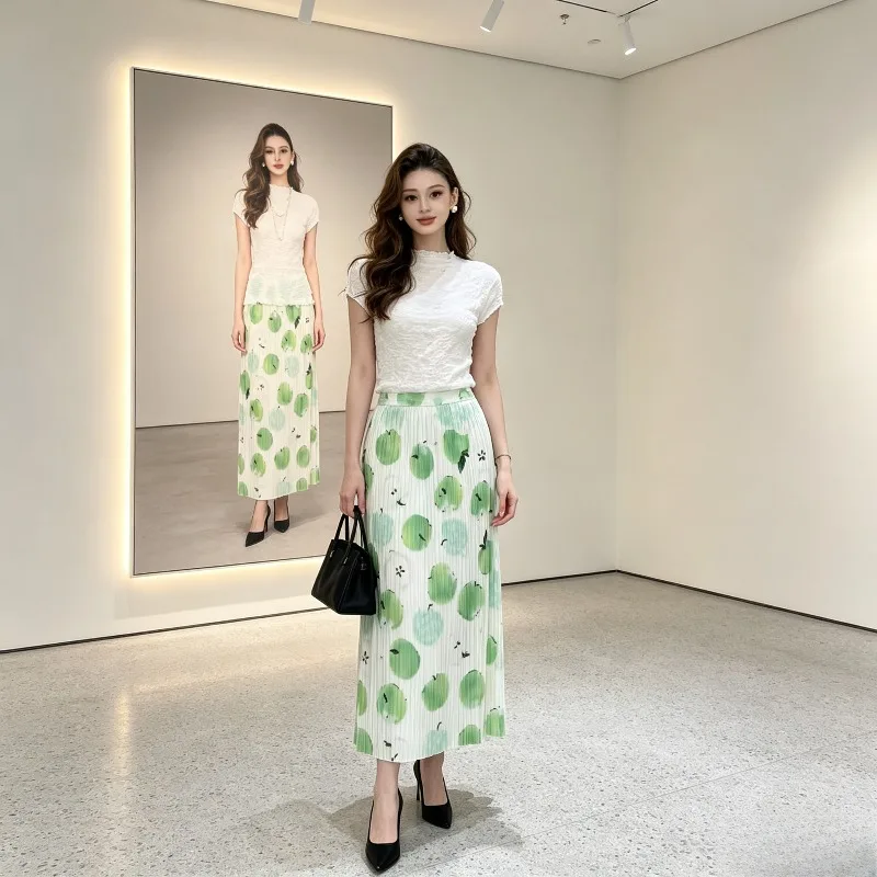 Miyake Pleated 2026 Summer New Green Apple Print Women's Mid-Length Casual Elegant Design Pleated Skirt Fashionable Half Skirt