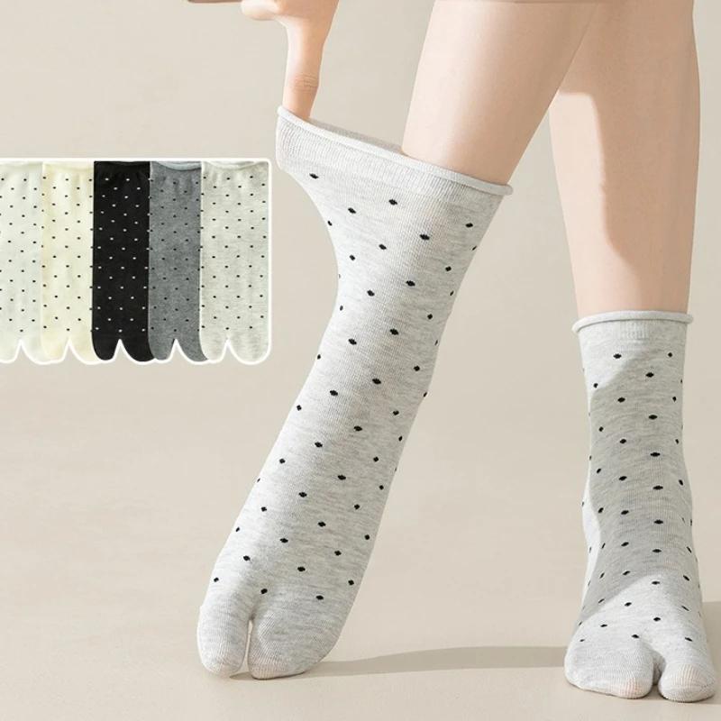 5 пар женских носков с двумя носками, летние тонкие милые носки средней длины с раздельным носком, женские модные носки в горошек с закрученными краями