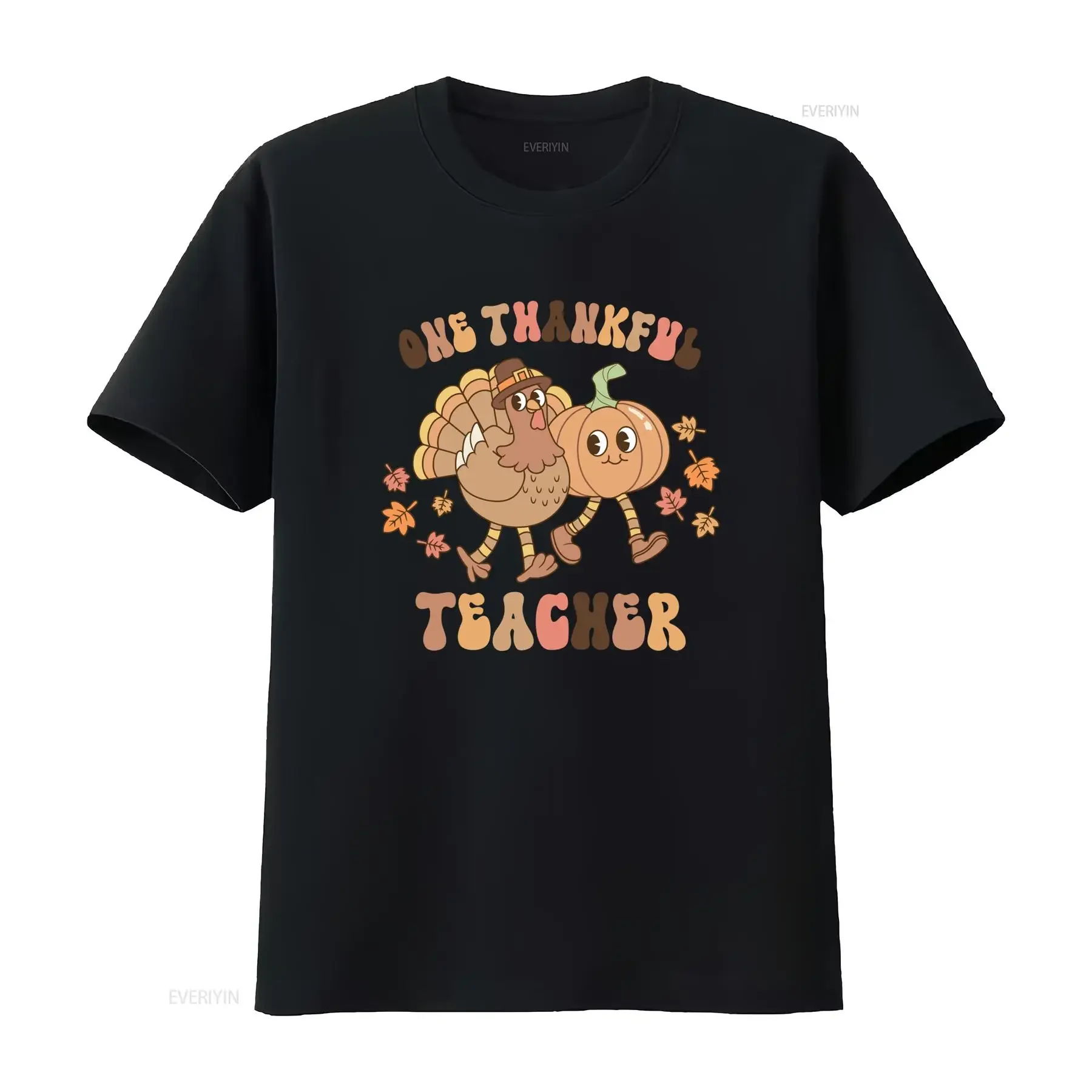 Groovy Retro Thanksgiving One Thankful Teacher Turkey Pumpkin Print Casual T Shirt vintage Washed Comfortable Stylish