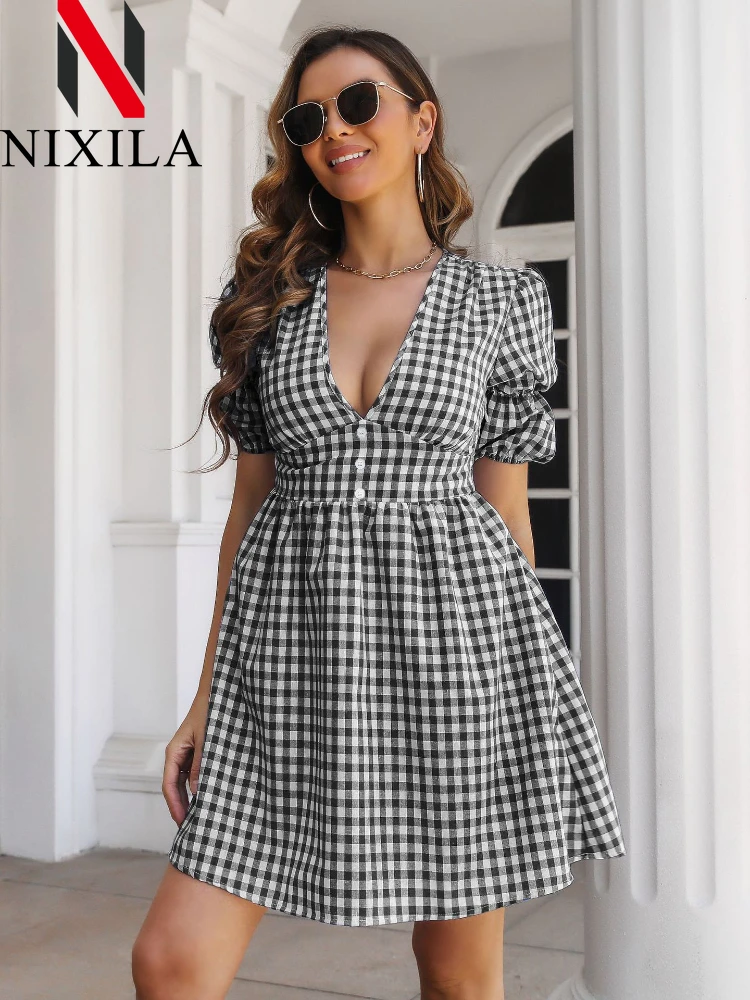 

Summer Elegant Dresses for Women Checkered Retro V-neck Bubble Sleeve A-line Sexy Dress Short Sleeves Party Robe Female Clothes