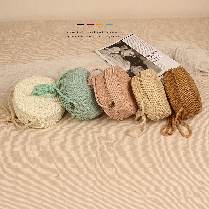 Round Straw Bag Women Woven Beach Crossbody Bag for Ladies Cute Shoulder Rattan Handmade Knitted Candy Color Small Handbag