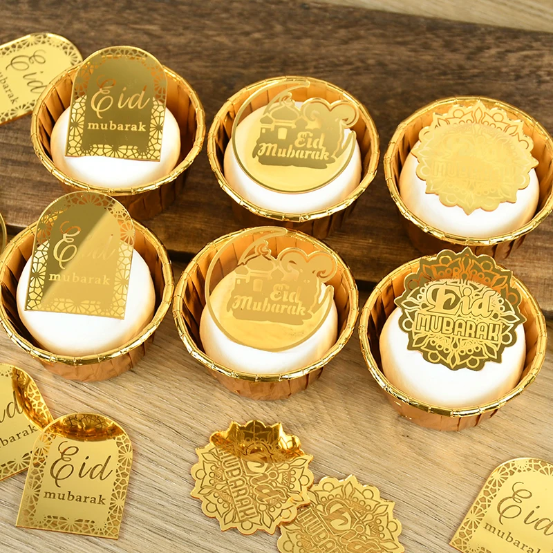 10pcs Eid Mubarak Cake Toppers Ramadan Kareem Gold Acrylic Cupcake Toppers For Islamic Muslim Festival Party Cake DIY Decoration