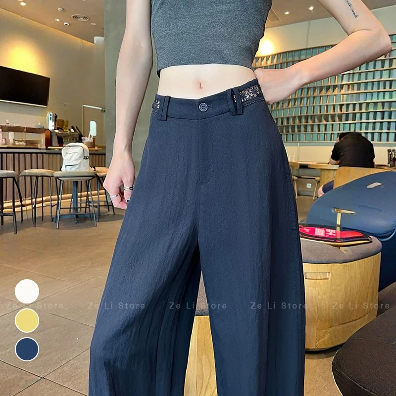 High Waist Wide Leg Pants Women's Summer New Ice Silk Thin Linen Trousers Casual Floor Length Pants Straight Cut Button Detail