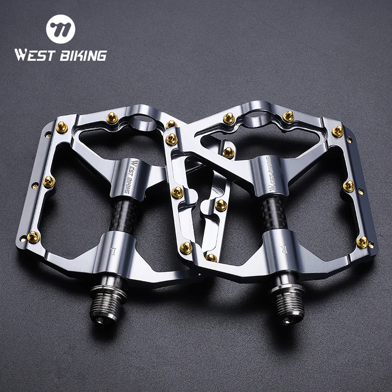 Pédales de vélo plates WEST BIKING, 3 roulements, axe en fibre de carbone, ultralégères, 16 clous antidérapants, pédales à plateforme élargie pour vélo de montagne, pièces de vélo