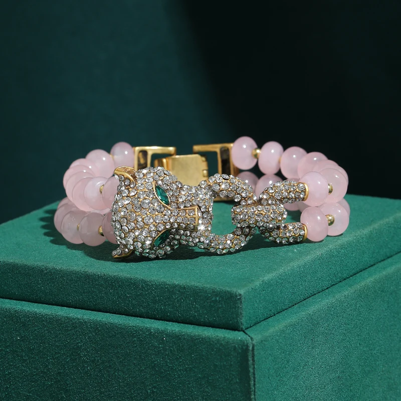 

Vintage Rhinestones Leopard Head Beaded Bracelets Pink Natural Stones Retro Gold Plated Accessories Luxury Designers Jewelry