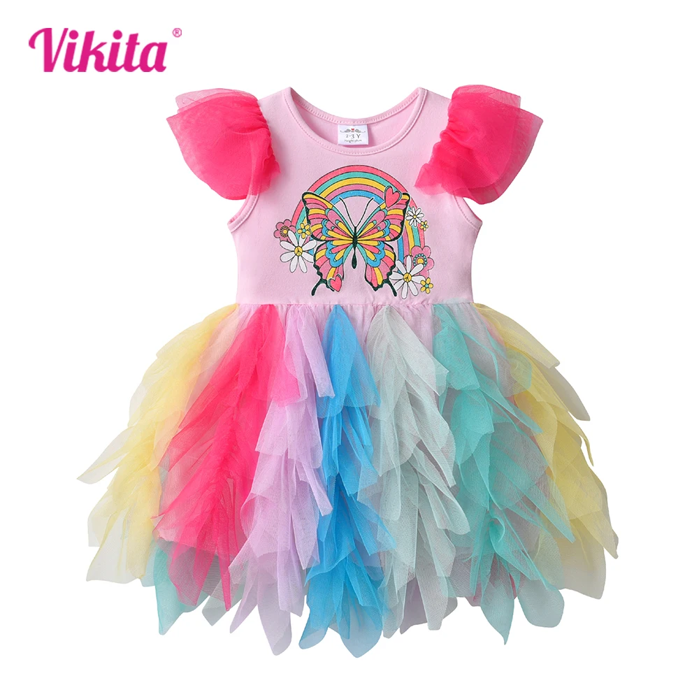 VIKITA Girls Butterfly PrintbDress Kids Flare Sleeve Summer Dresses Girl Rainbow Colorful Layered Mesh Tulle Tutu Princess Dress