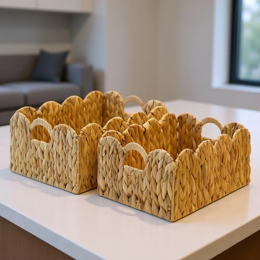 

Набор из 2 больших корзин для хранения из водного гиацинта с волнистыми краями для кладовой и организации дома