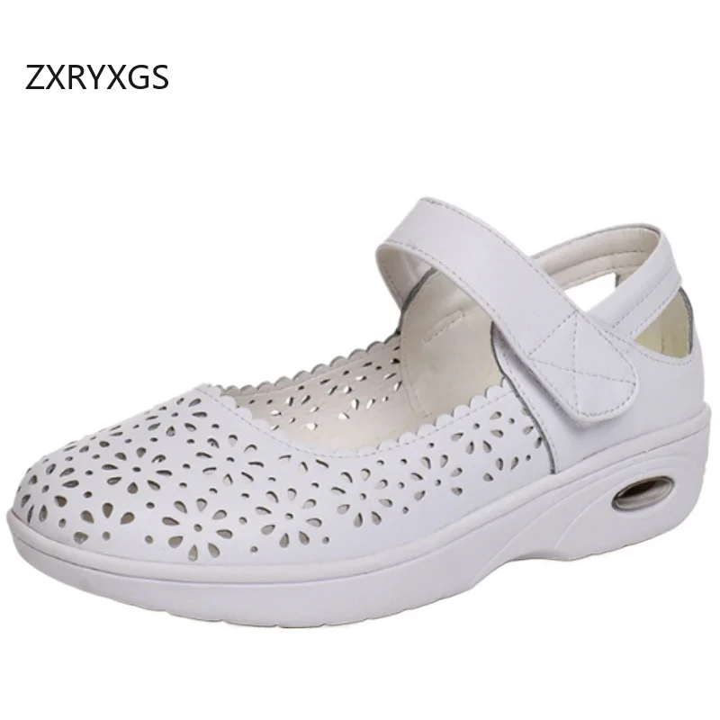 

ZXRYXGS 2026 New Summer Genuine Leather Hollow Shoes White Sandals Breathable Comfort Flat Sandals Women Fashion Casual Sandals