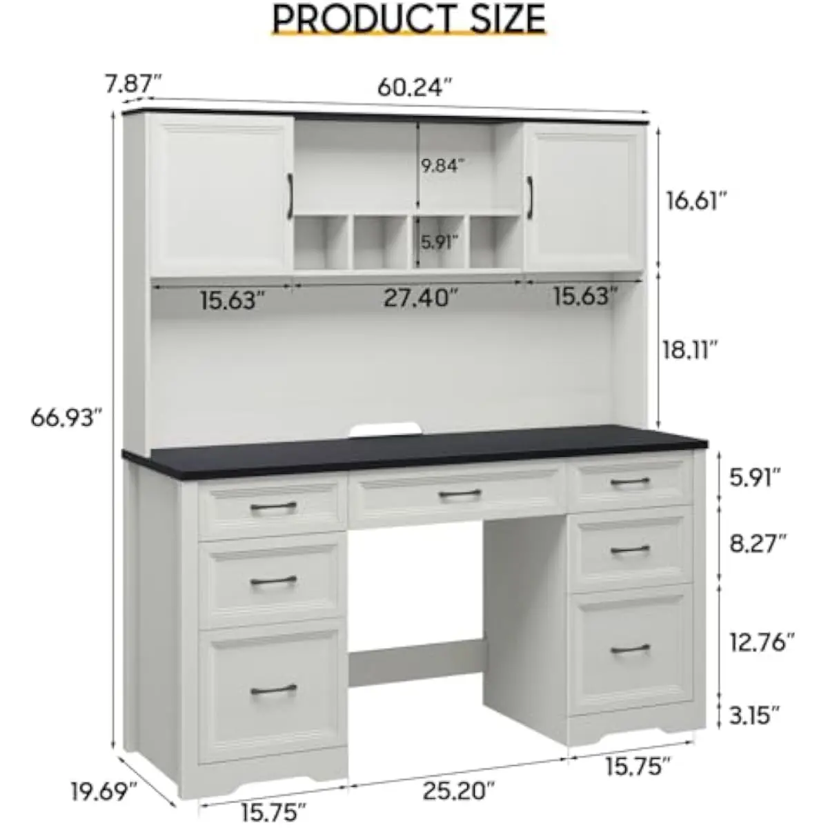 Rustic Modern Executive Desk with 7-Drawer Storage System and Hutch Unit | Polished Engineered Wood Workstation | Cottage Black