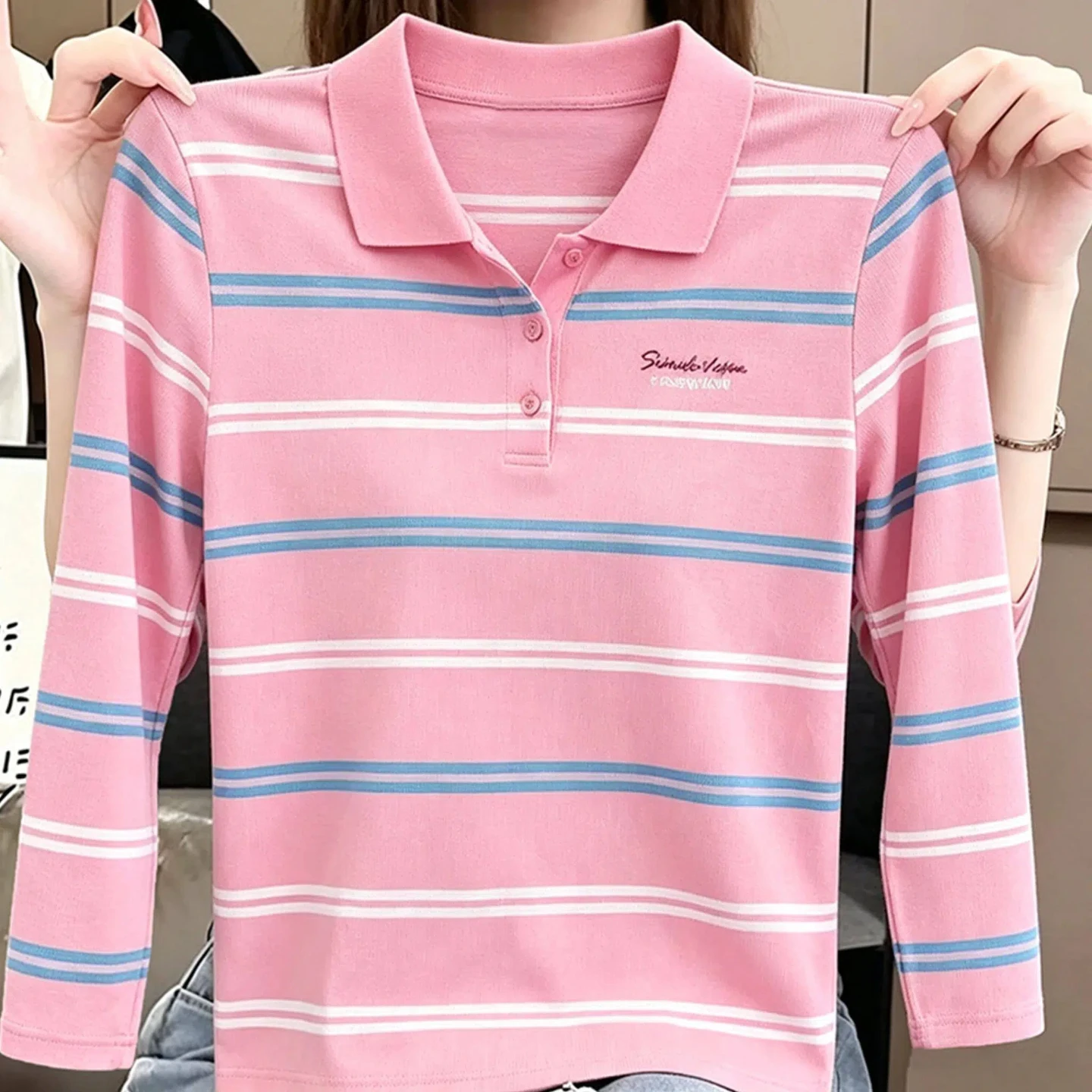 95 Cotton Long Sleeve T-Shirt Women's Fashionable Large Size Turn-down Collar Slimming Striped Spring Autumn New Style Mommy ...