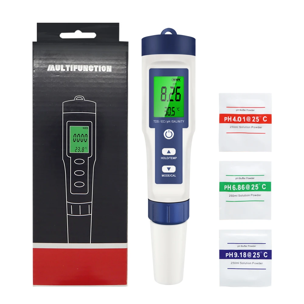 5 in 1 Water Quality Tester Digital TDS/EC/PH/Salinity/Temperature Meter for Pools Aquariums Water Backlight Quality Detector