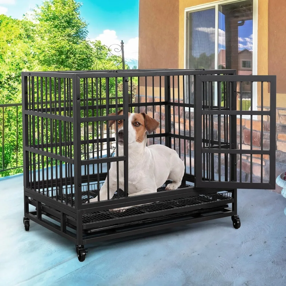 JY QAQA 38 Inch Heavy Duty Indestructible Dog Crate, Escape Proof Dog Cage Kennel with Lockable Wheels,High Anxiety Double Door