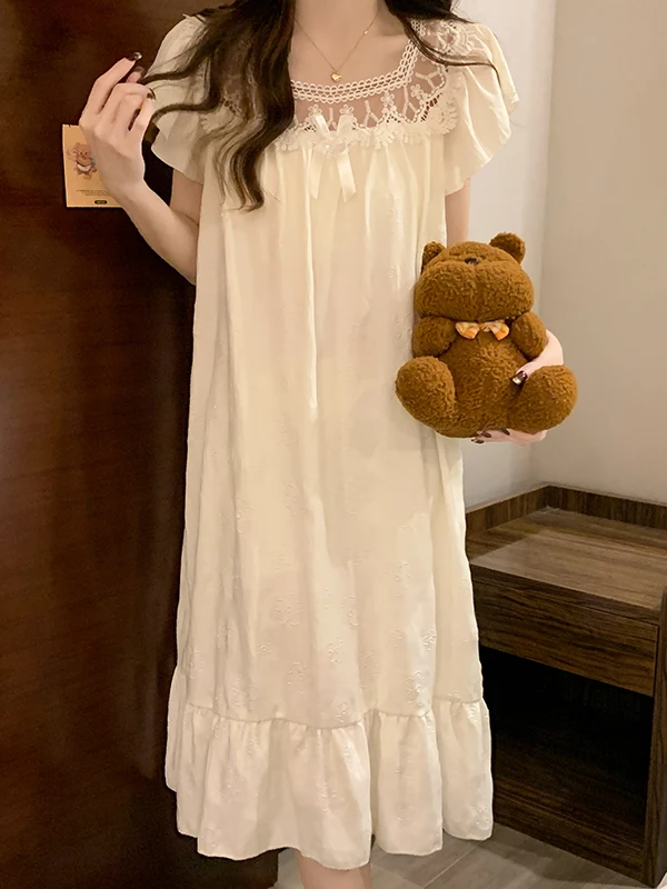 

Pure Cotton Short Sleeve Sleep Dress Women's Style Summer New Princess Style Light Pink Lace Trim Integrated Ladies Nightgown