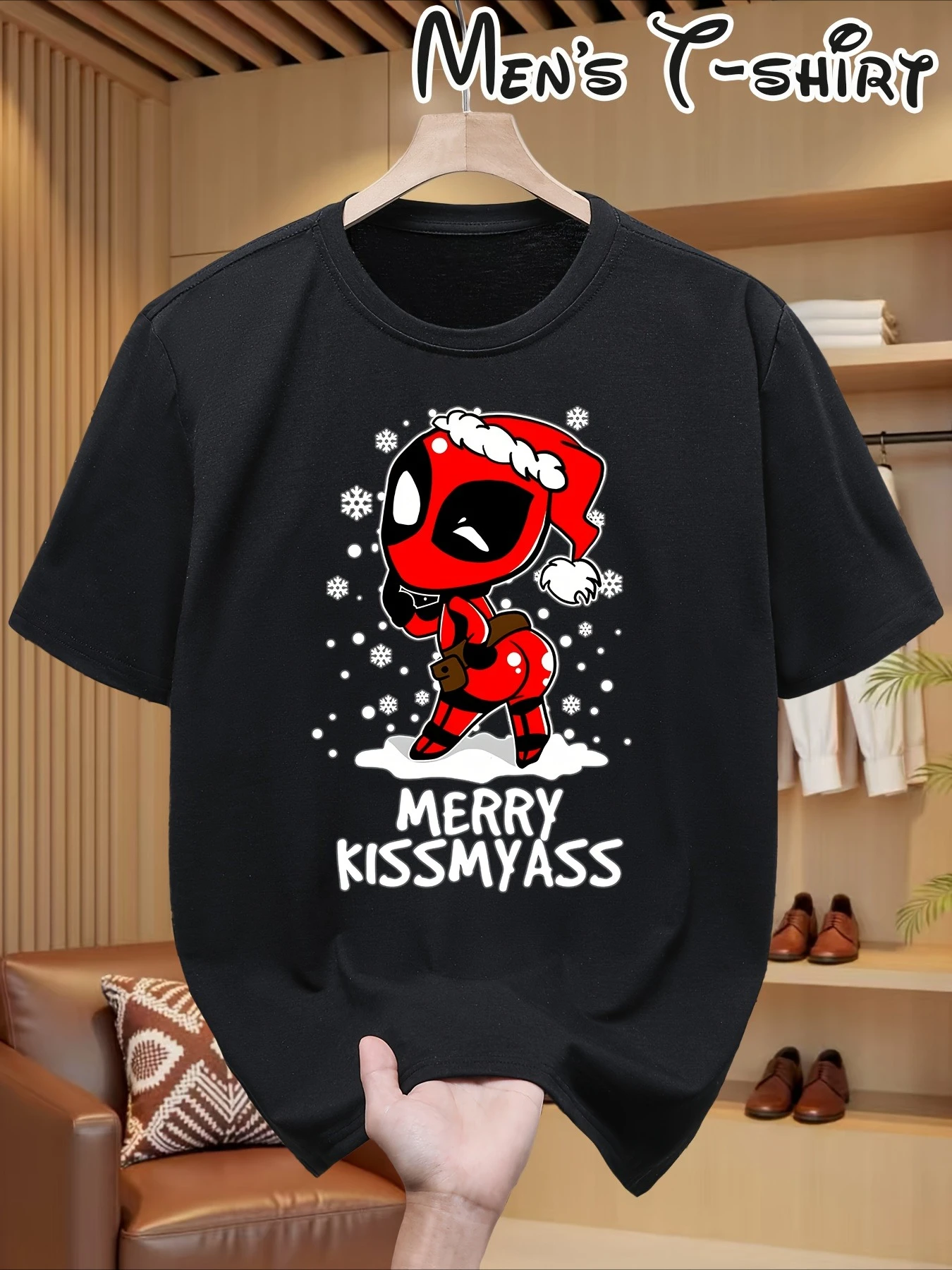 تي شيرت مارفل للرجال Deadpool Christmas - تصميم كوميدي مضحك "Merry Kissmyass" باللونين الأحمر والأبيض مع Deadpool As Deathstroke، Casua