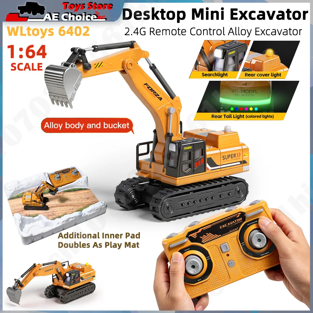 WLtoys 6402 1/64 RC Car Mini Alloy Excavator Full Proportional 340° Rotation Sound Light Desktop Engineering Display Gifts Toys