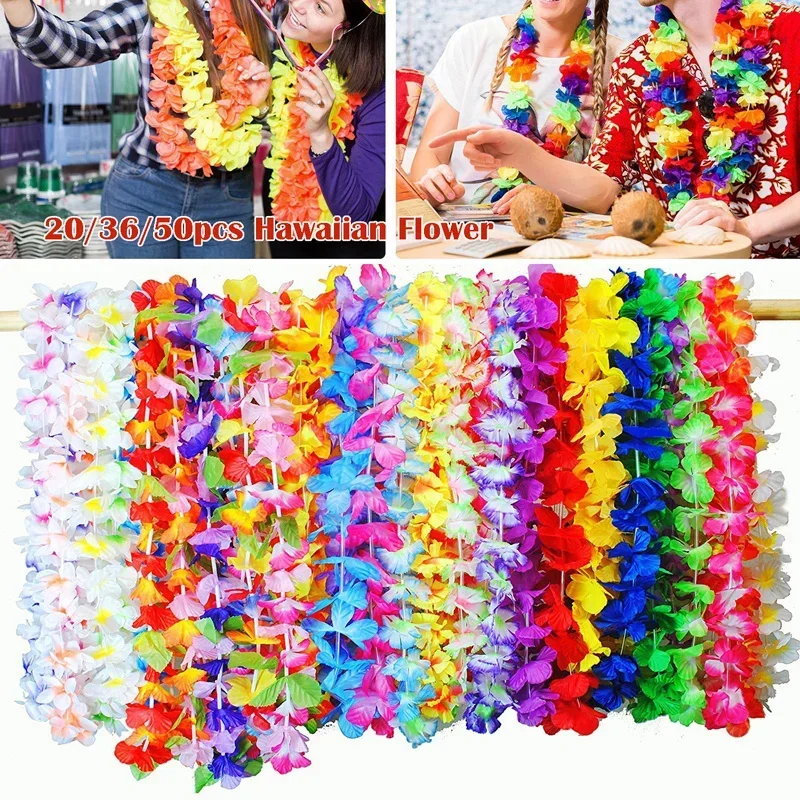 Pack of 20/36/50pcs Hawaiian Party Flower Garlands Necklace Tropical Beach Pool Party Dress Decoration Birthday Wreath