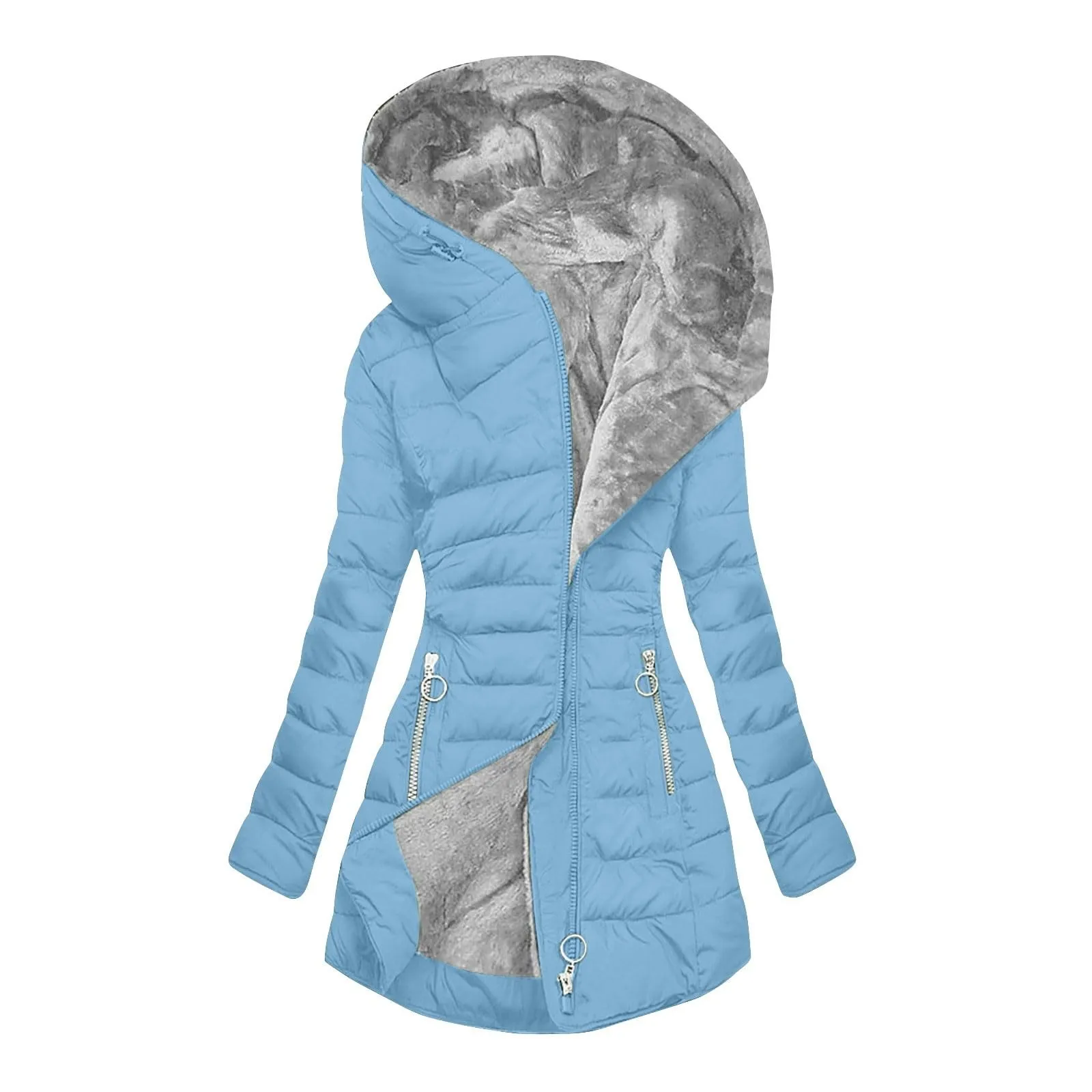 Outono inverno sólido composto zíper acolchoado casaco manga longa bolso fino ajuste outerwear feminino forro de lã quente jaqueta com capuz