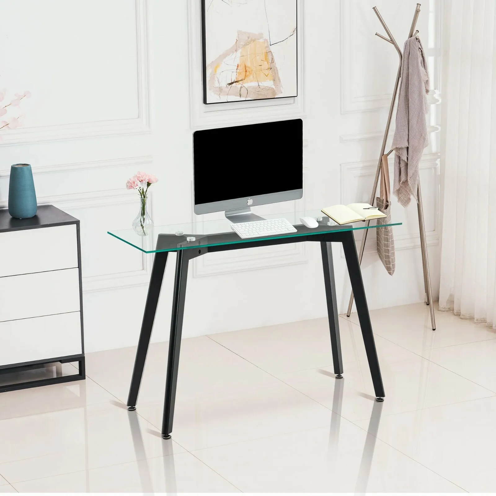 Computer Desk with Glass Tabletop, Small Console Table with Wood Legs
