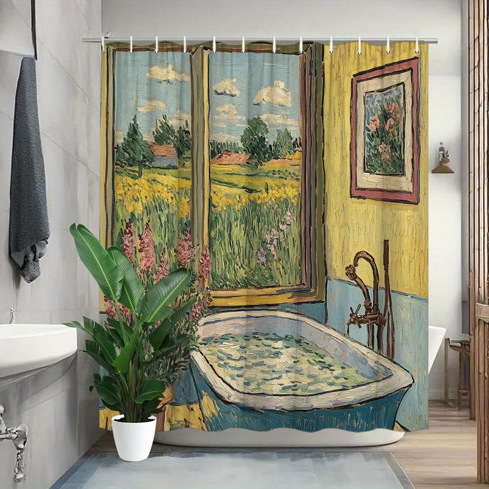 Vintage Countryside Bath Scene Shower Curtain Bathroom Decor Rustic Farmhouse Style Waterproof Curtain