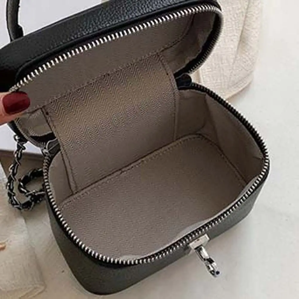 Pebbled Texture Macaron Box Bag Compact Size Zipper Closure Square Vanity Purse Solid Construction Detachable Strap