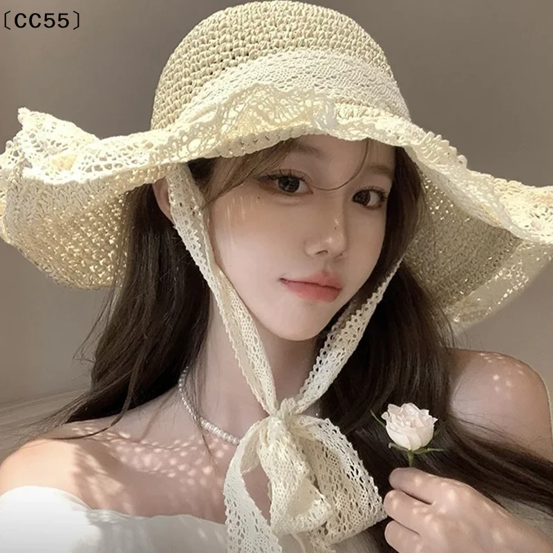 Summer Women's Lace Straw Beach Hat Foldable Sun Hat With Wide Brim Fresh Stylish Sunblock Shade Hat Perfect For Travel〔CC55〕