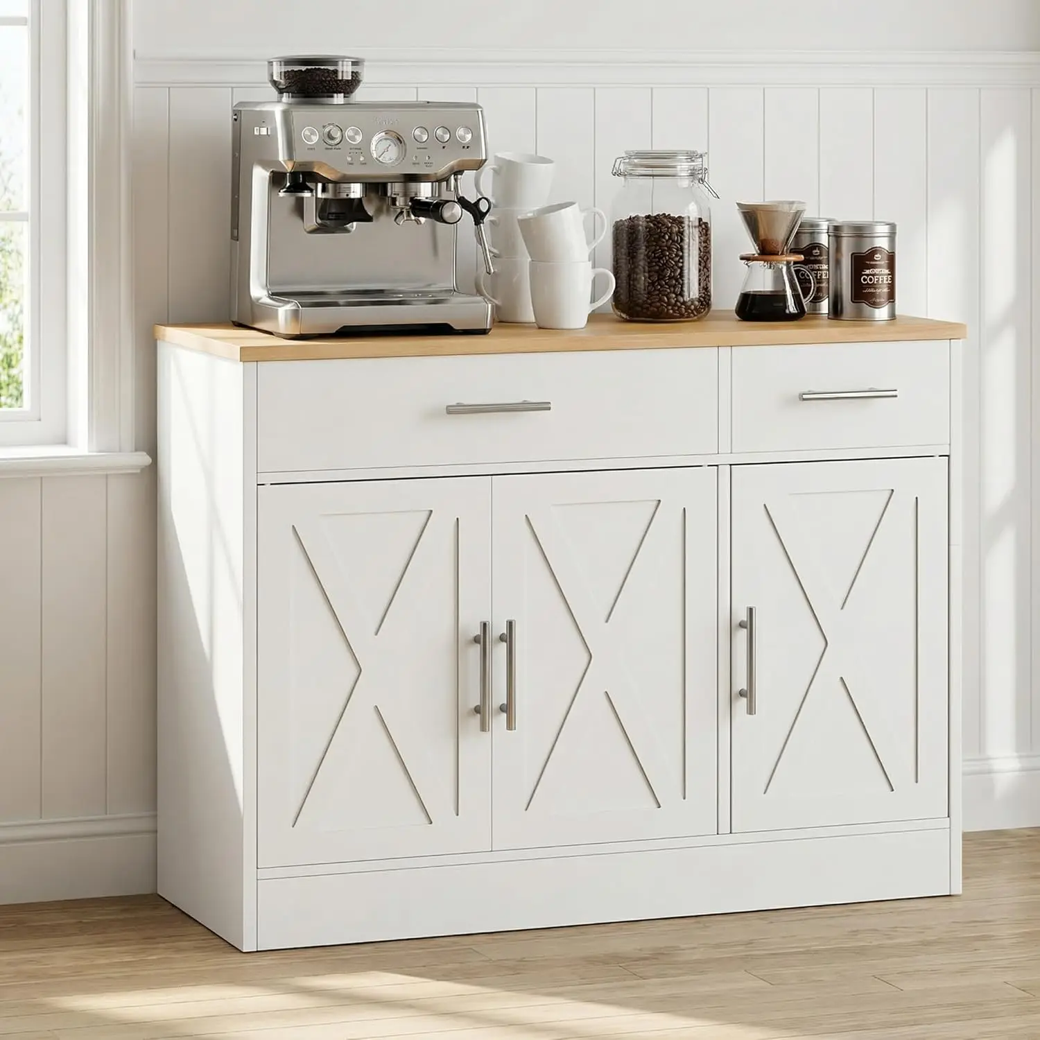 

3-Door Kitchen Storage Cabinet with Drawers, Adjustable Shelf, Farmhouse Buffet for Living Room, White & Yellow
