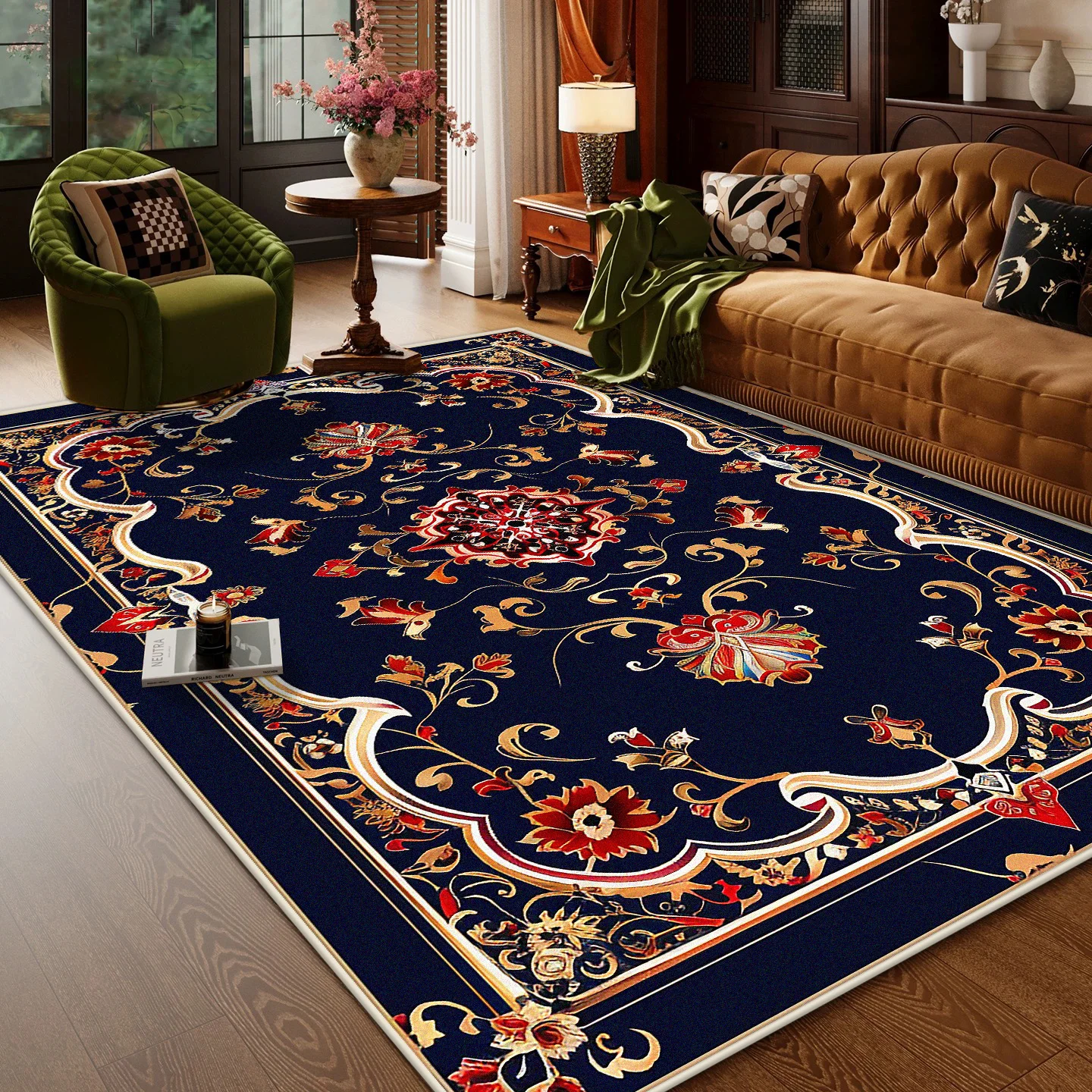 American Style Retro Living Room Carpet Geometric Coffee Table Rugs Lint-free Easy Cleaning Floor Mat for Bedroom Cloakroom