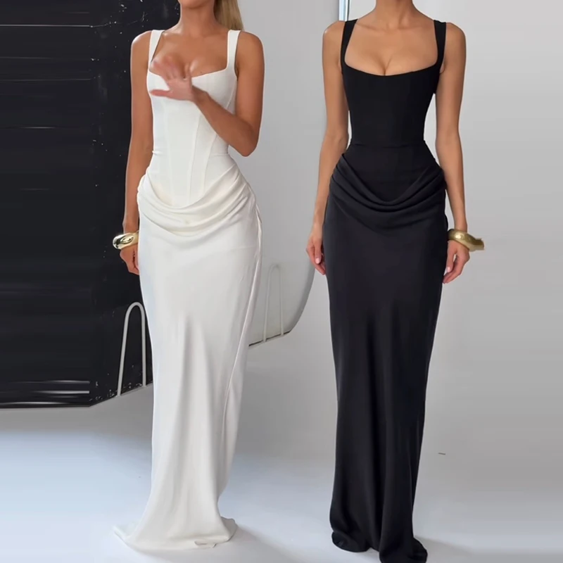 Sexy ärmelloses, rückenfreies, plissiertes Cocktailkleid, modisch, hohe Taille, solide lange Kleider, Damen, elegant, schulterfrei, Hosenträgerkleid