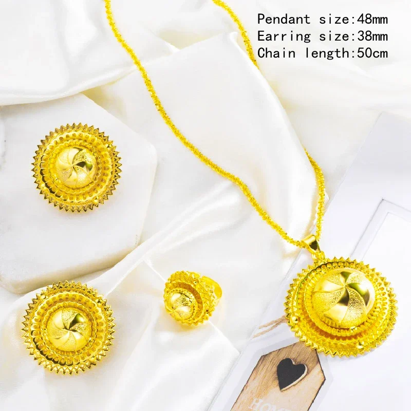 Shamty Luxury Round Jewelry Set For Women 3Pcs Sun Pendant Hoop Earrings Ring Traditional Wedding Gift Elegant Minimalist