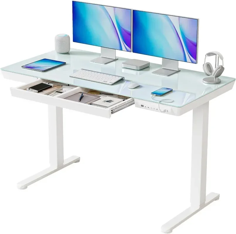 Electric Standing Desk with Drawers, 48 inch Whole-Piece Glass Desktop, Height Adjustable Stand up Sit Stand Home Office E