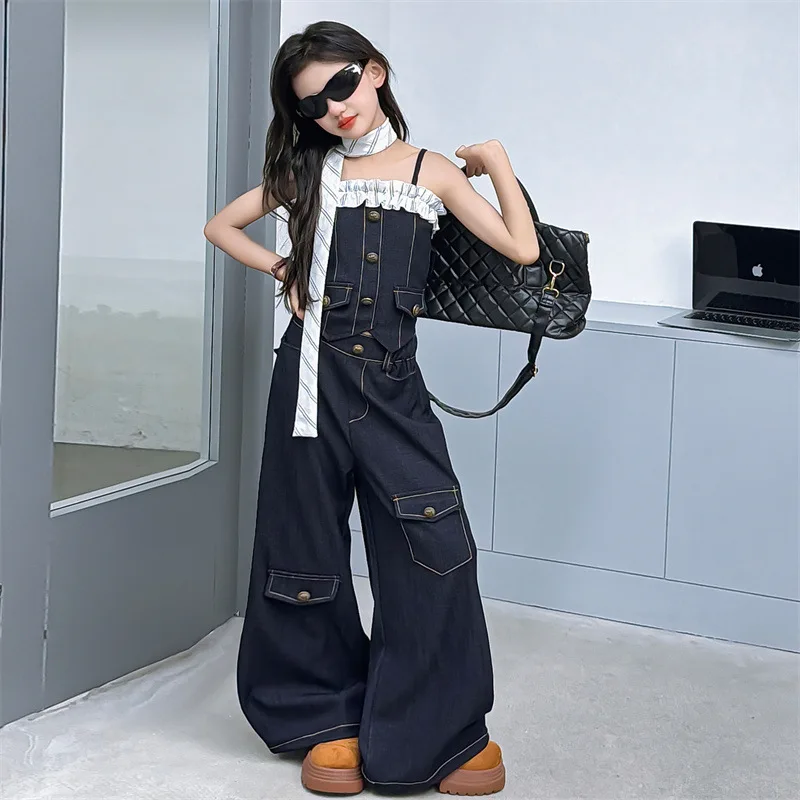 Girls 2pcs Slimming Denim Set with Wide Leg Pants And One Shoulder Top High Waist Jeans Street Style Dancing Fashion for Ages 14