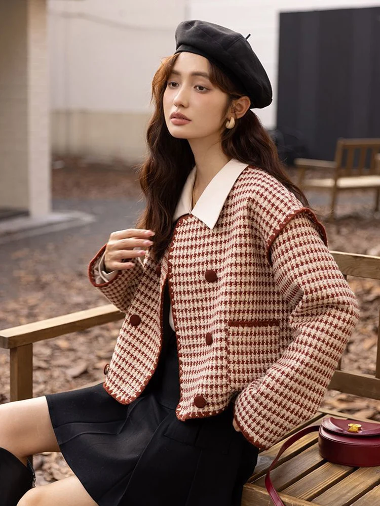 Zoki Vintage Plaid Tweed Jacket Women French Elegant O Neck Coat Casual All Match Streetwear Retro Female Long Sleeve Outwear