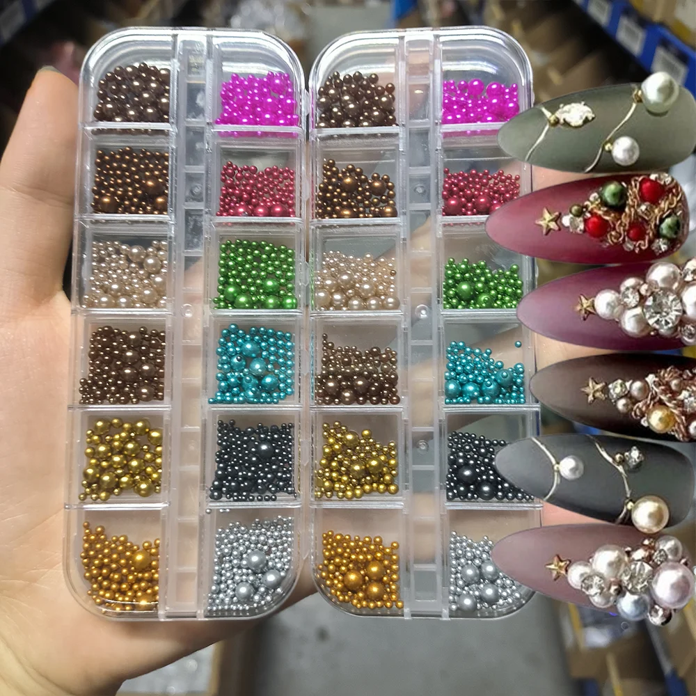 6/12칸 3D 크리스마스 혼합 사이즈 비즈 네일 참 크리스마스 컬러풀 펄 캐비어 비즈 네일 아트 장식 DIY 매니큐어 쥬얼리