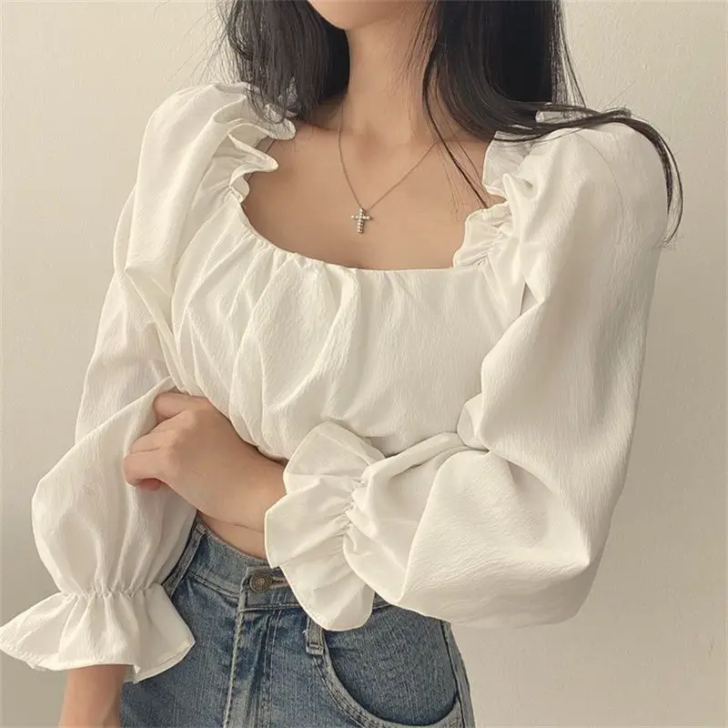 Spring New Style Bubble Sleeve Square Neck Shirt Women French Bow Long Sleeved White Shirt Cool Style Top