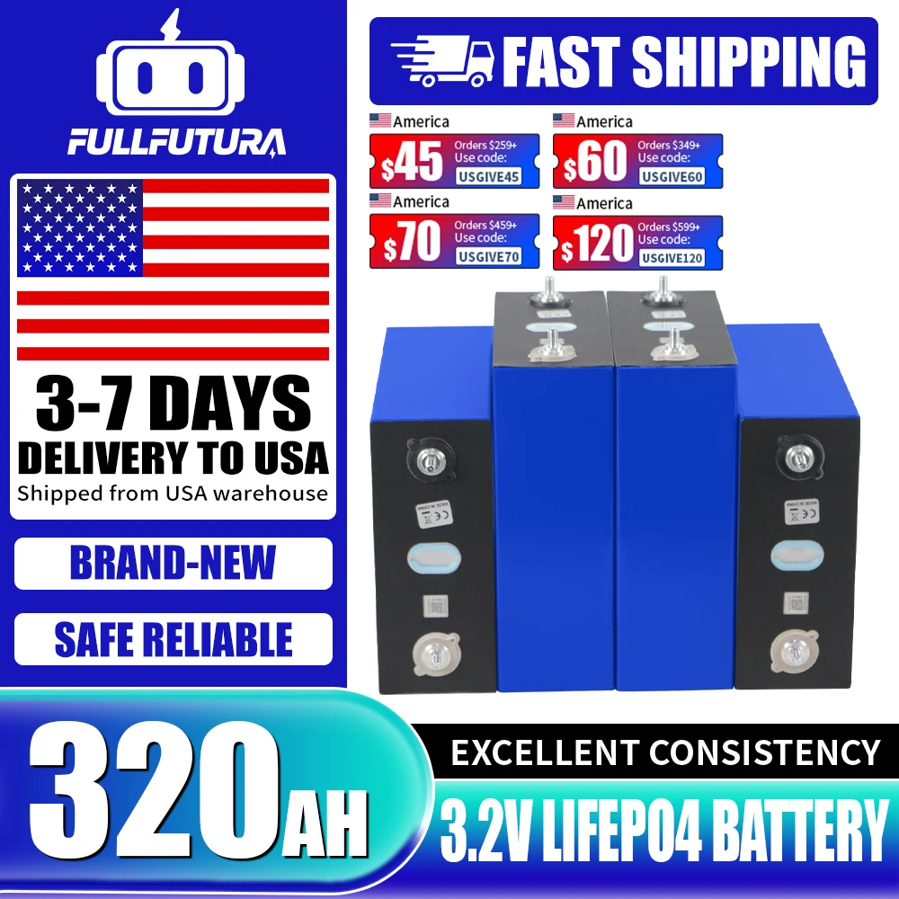 الأسهم الأمريكية 320Ah Lifepo4 3.2 فولت الصف أ ليثيوم أيون Akku LFP LFP خلية ل RV التخييم عربة جولف قارب الطاقة الشمسية المنزلية تخزين الطاقة