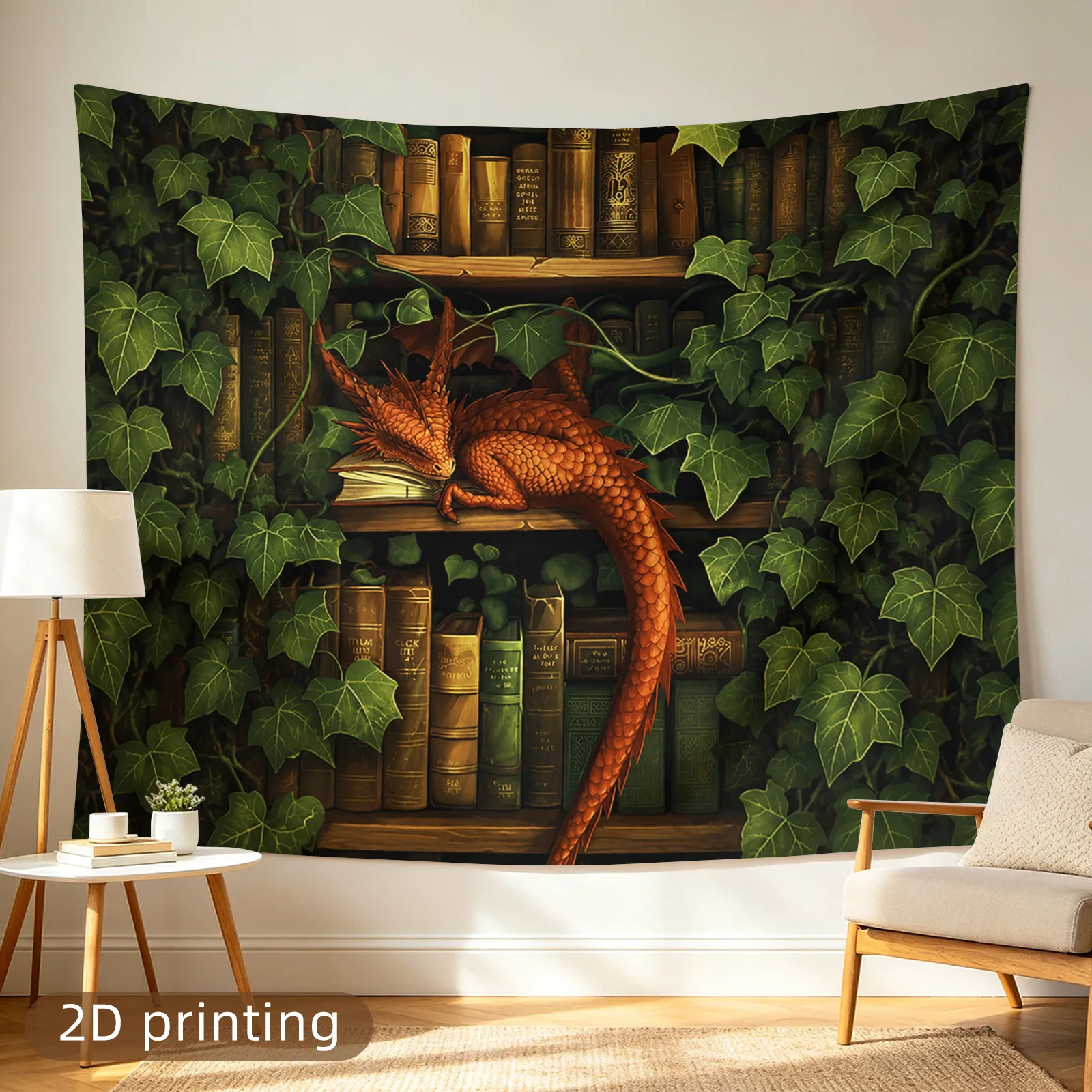 2D Flat,1pc Printed Tapestry, Little Dragon Sleeping on Bookshelf Pattern, Wall Decor, for Living Room,Bedroom