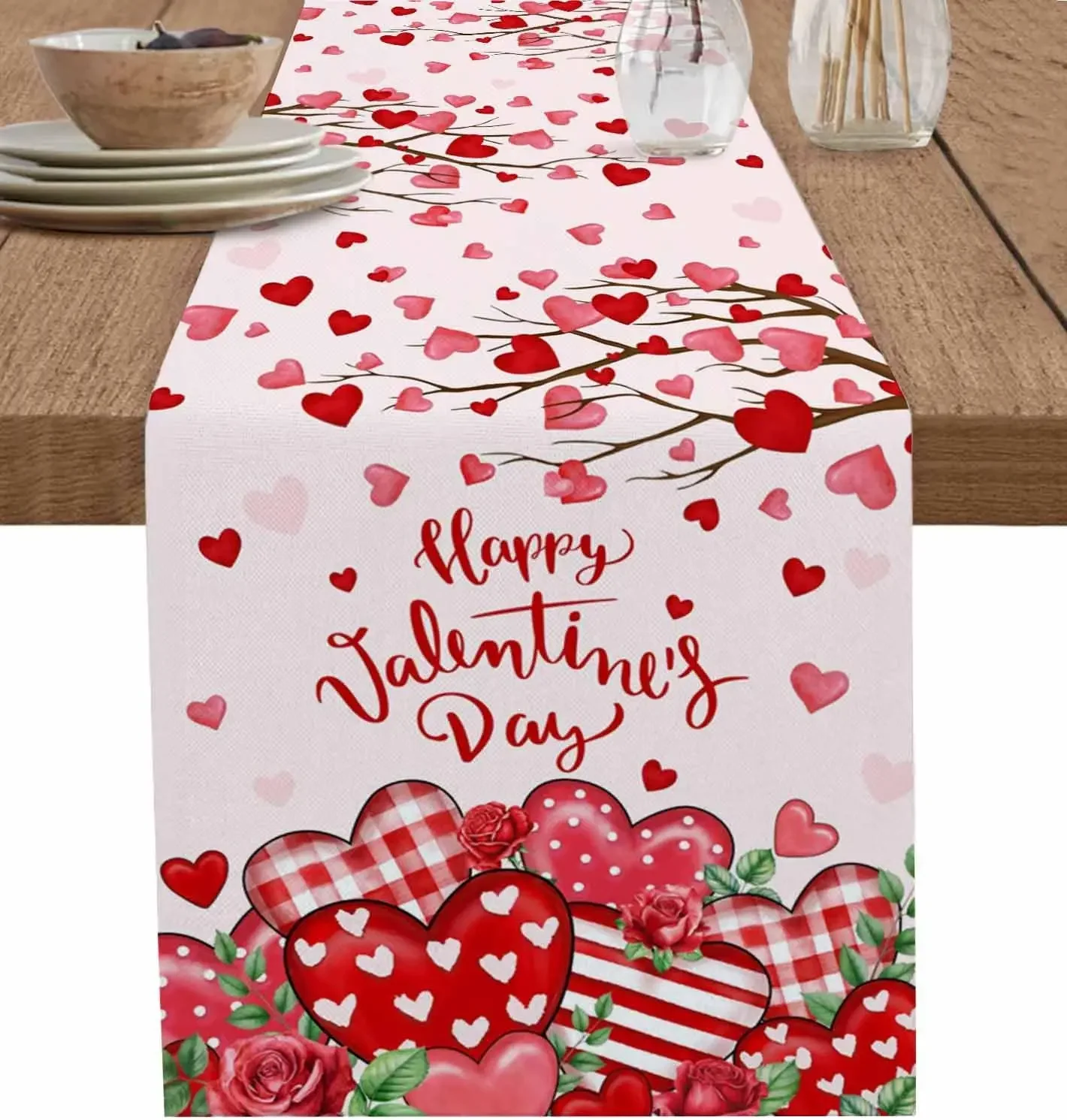1Pc Valentine Heart Branch Pattern Table Runner Red Pink Happy Valentines Day Print Table Cover For Dining Room Wedding Party De