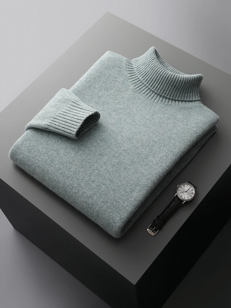 

Autumn Winter Men Wool Turtleneck Pullover Long Sleeve Basic Cashmere Sweater 100% Merino Wool Knitwear Smart Casual Clothing