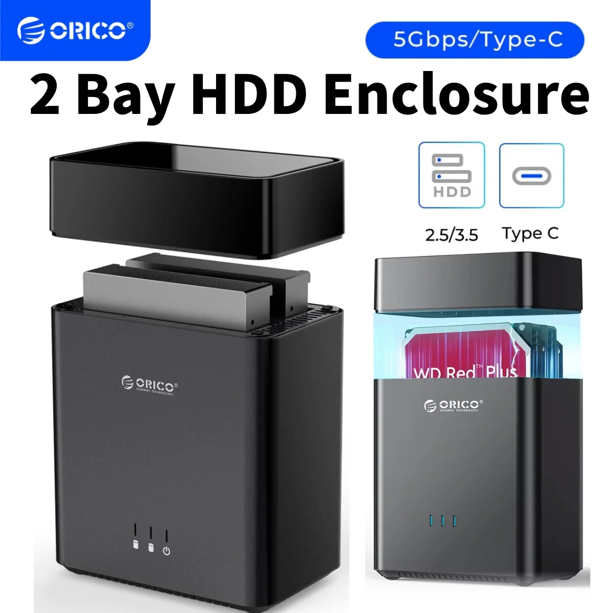 

ORICO 2-слотный магнитный корпус для жесткого диска 2,5/3,5-дюймовый HDD SDD Док-станция Тип C Коробка для жесткого диска USB3.1 Gen1 5 Гбит/с Корпус для жесткого диска