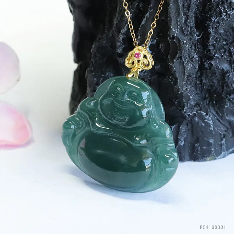 S925 Silver Inlaid Natural Jadeite Buddha Pendant Blue Water Jade Necklace Fashion Personality Female Accessories Amulet Gift