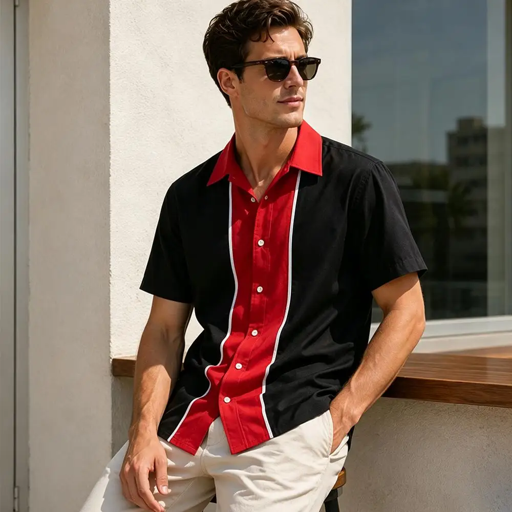 Men Vintage 1950s Cotton Bowling Shirt Rockabilly Color Block Striped Short Sleeve Lapel Button Down Summer Streetwear Shirts