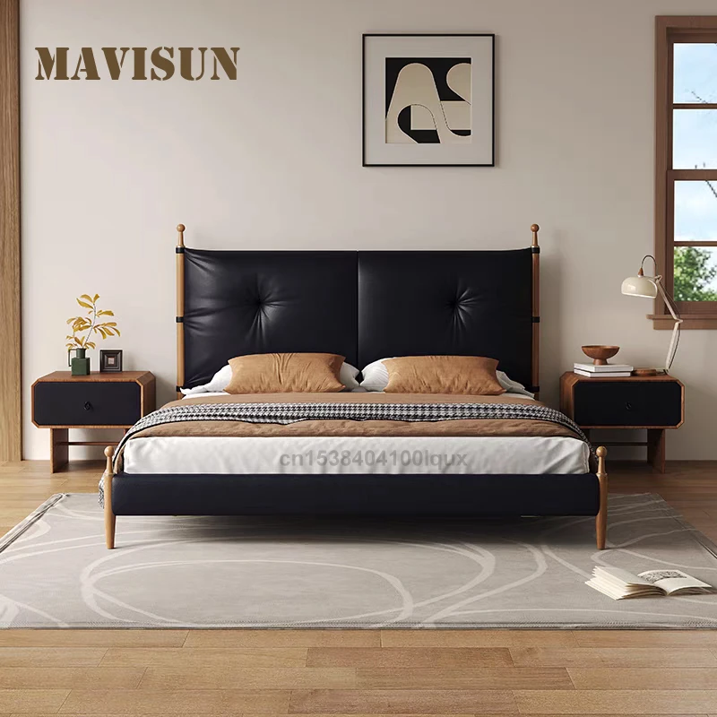 

Mid-Century Vintage Leather Upholstered Two People Bed With Wooden Posts With Spherical Finials Solid Wood 1.8m Large Double Bed